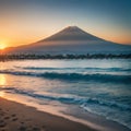 Sunrise landscape. Background with mountains and Agung volcano. Traditional gazebos on an artificial island
