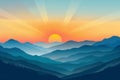 Sunrise Landscape Flat Illustration, Color Dawn in Mountains, Sunset Sun Beams Landscape