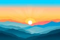 Sunrise Landscape Flat Illustration, Color Dawn in Mountains, Sunset Sun Beams Landscape