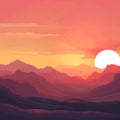 Sunrise Landscape Flat Illustration, Color Dawn in Mountains, Sunset Sun Beams Landscape