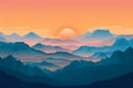 Sunrise Landscape Flat Illustration, Color Dawn in Mountains, Sunset Sun Beams Landscape