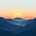 Sunrise Landscape Flat Illustration, Color Dawn in Mountains, Sunset Sun Beams Landscape