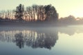 misty Morning fog in the forest lake. bare trees reflected in the river water at morning fog. autumn scenic view of lake in foggy Royalty Free Stock Photo
