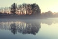 misty Morning fog in the forest lake. bare trees reflected in the river water at morning fog. autumn scenic view of lake in foggy