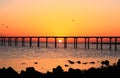 Sunrise landscape, sea with bridge and orange sky background, birds flying, sun on the horizon Royalty Free Stock Photo