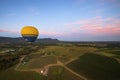 Balloons over vineyards in Pokolbin wine region at sunrise, Hunter Valley, NSW, Australia