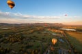 Balloons over vineyards in Pokolbin wine region at sunrise, Hunter Valley, NSW, Australia