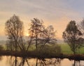 Sunrise trees reflection water landscape Germany Royalty Free Stock Photo