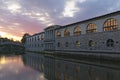 Sunrise landscape view of ancient city center of Ljubljana. Embankment of Ljubljanica River with colorful historic houses Royalty Free Stock Photo