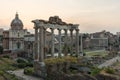 Sunrise landscapes of the empty Roman Forum, view of the Temple of Vespasian and Titus