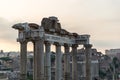 Sunrise landscapes of the empty Roman Forum, view of the Temple of Vespasian and Titus