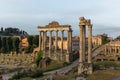 Sunrise landscapes of the empty Roman Forum, view of the Temple of Vespasian and Titus