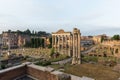 Sunrise landscapes of the empty Roman Forum, view of the Temple of Vespasian and Titus