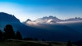 Sunrise light morning panoramic view of mount Marmolada. Scenic image of famous glacier Marmolada, passo Sella, Dolomiti, South