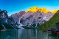 Sunrise light on the Mount Seekofel of the Dolomites at the Lake