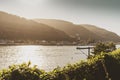 Sunrise light over the Rhine river and the village Assmannshausen Royalty Free Stock Photo