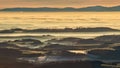 Sunrise light rays casting long shadows in the morning mist rolling over hilly landscape with wind turbines peaking from the Royalty Free Stock Photo