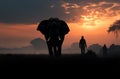 At sunrise, a mahout and elephant create a picturesque silhouette