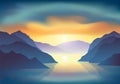 Sunrise with majestic colorful clouds above the mountain lake. Vector illustration