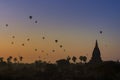 Sunrise many hot air balloon in Bagan, Myanmar. Bagan is an ancient with many pagoda of historic buddhist temples and stupas. Royalty Free Stock Photo