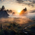 Sunrise meadow with houses and fog Royalty Free Stock Photo