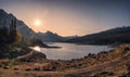 Sunrise on Medecine Lake with mountain range at Jasper national park Royalty Free Stock Photo