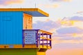 Sunrise in Miami Beach Florida, closeup with a colorful lifeguard house Royalty Free Stock Photo