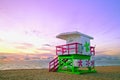 Sunrise in Miami Beach Florida, with a colorful lifeguard house Royalty Free Stock Photo