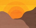 Sunrise minimal rough textured scenery art with sun, rays and mountains Royalty Free Stock Photo