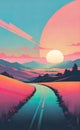 sunrise with minimalistic 3D abstract landscape with hills and soothing pastel colors, beautiful background for smartphone Royalty Free Stock Photo