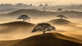 Sunrise mist shrouds rolling hills Royalty Free Stock Photo