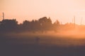 sunrise in misty country meadow - retro vintage look Royalty Free Stock Photo