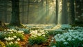 Sunrise Through Misty Forest with Carpet of Snowdrops. Spring flowers Royalty Free Stock Photo