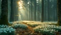 Sunrise Through Misty Forest with Carpet of Snowdrops. Spring flowers Royalty Free Stock Photo