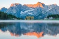 Sunrise at Misurina Lake in Dolomites mountains in Italy near Auronzo di Cadore Royalty Free Stock Photo