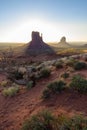 Sunrise at Monument Valley, Panorama of the Mitten Buttes - seen from the visitor center at the Navajo Tribal Park - Arizona and Royalty Free Stock Photo