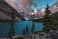 Sunrise at Moraine lake in Canadian Rockies, Banff National Park, Canada. Royalty Free Stock Photo