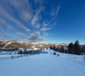 Sunrise morning dusk winter Carpathian mountain village Zelene in Black Cheremosh river valley between alp. View from rural snow Royalty Free Stock Photo