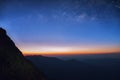 Sunrise in the morning, Landscape star and sunrise at the mountain with blue sky and golden yellow orange autumn foliage in