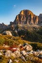 Sunrise morning view of Tofane mountains Tofana di Rozes from Rifugio Cinque Torri. Autumn landscape in Dolomites, Trentino Alto Royalty Free Stock Photo