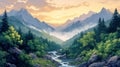 Sunrise Mountain River Valley Landscape Illustration Royalty Free Stock Photo