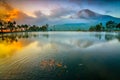 Sunrise with Mountain Sindoro reflection of Embung Kledung, Temanggung Indonesia Royalty Free Stock Photo