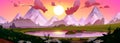 Sunrise in mountain sky cartoon landscape vector Royalty Free Stock Photo