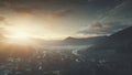 Sunrise mountain village misty weather aerial view Royalty Free Stock Photo