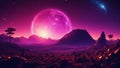 sunrise in the mountains an Earth view at night from alien planet, neon space background with falling meteor in dark starry sky Royalty Free Stock Photo