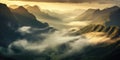 sunrise in the mountains. low clouds covering a range of mountains. foggy forest mountains. vast panoramic view. Royalty Free Stock Photo