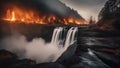 sunrise in the mountains A waterfall of fire, with a landscape of burning trees and lava,