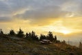 The Sunrise in the mountains and wooden table Royalty Free Stock Photo
