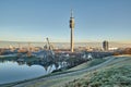 Sunrise in Munich with view on the olympic lake and the olympic tower