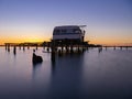 Sunrise in the mussel farms in the Ebro Delta, Spain. mussels Royalty Free Stock Photo